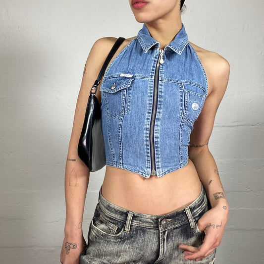 Vintage 2000's Streetdance Denim Zip Up Neckholder Top with Lace Up Back Detail (S)