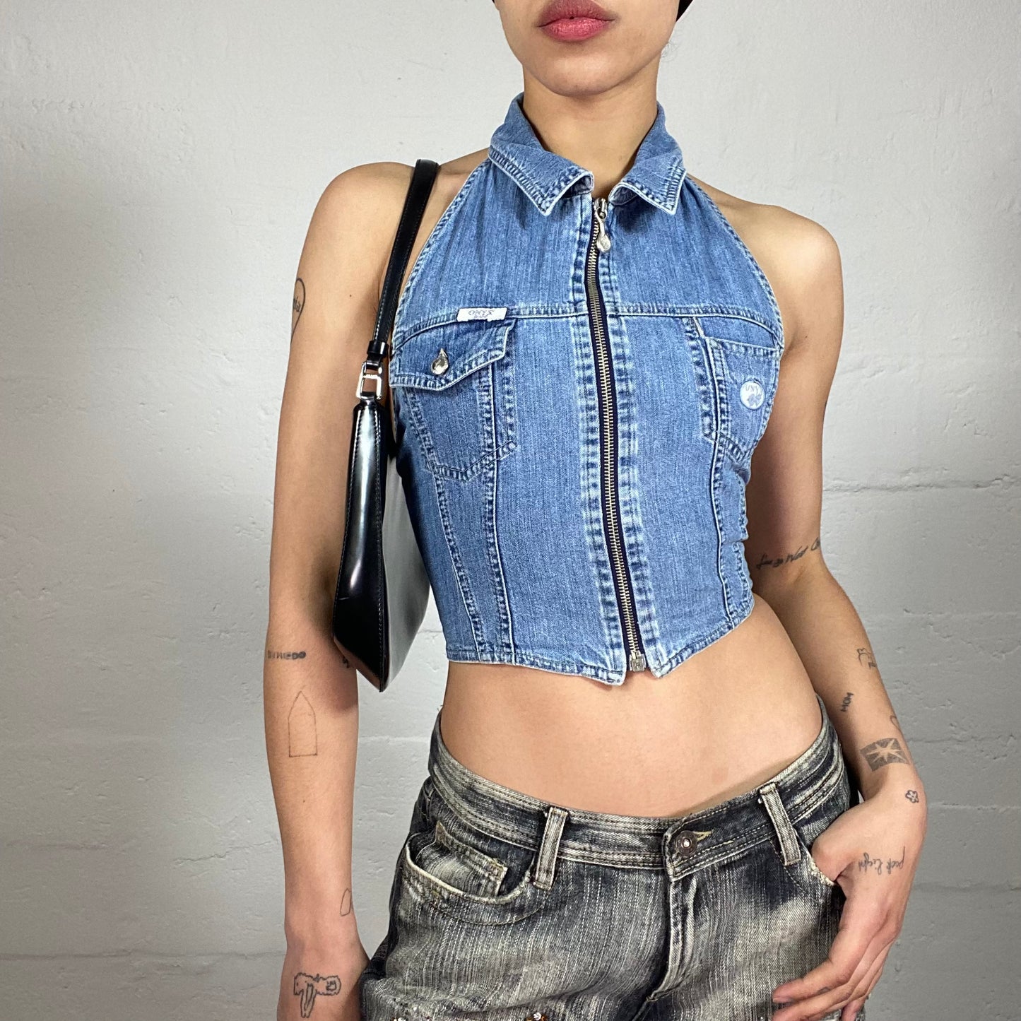 Vintage 2000's Streetdance Denim Zip Up Neckholder Top with Lace Up Back Detail (S)