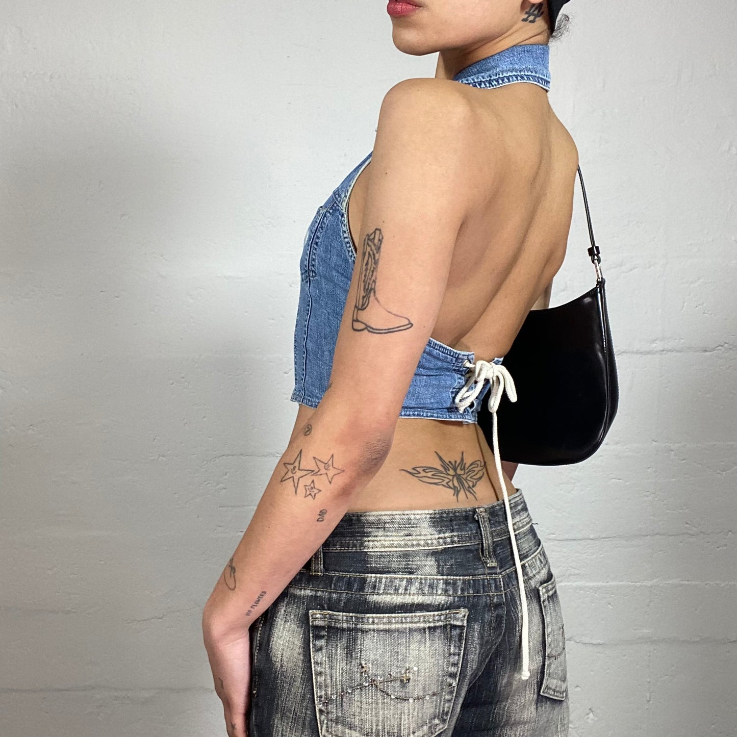Vintage 2000's Streetdance Denim Zip Up Neckholder Top with Lace Up Back Detail (S)