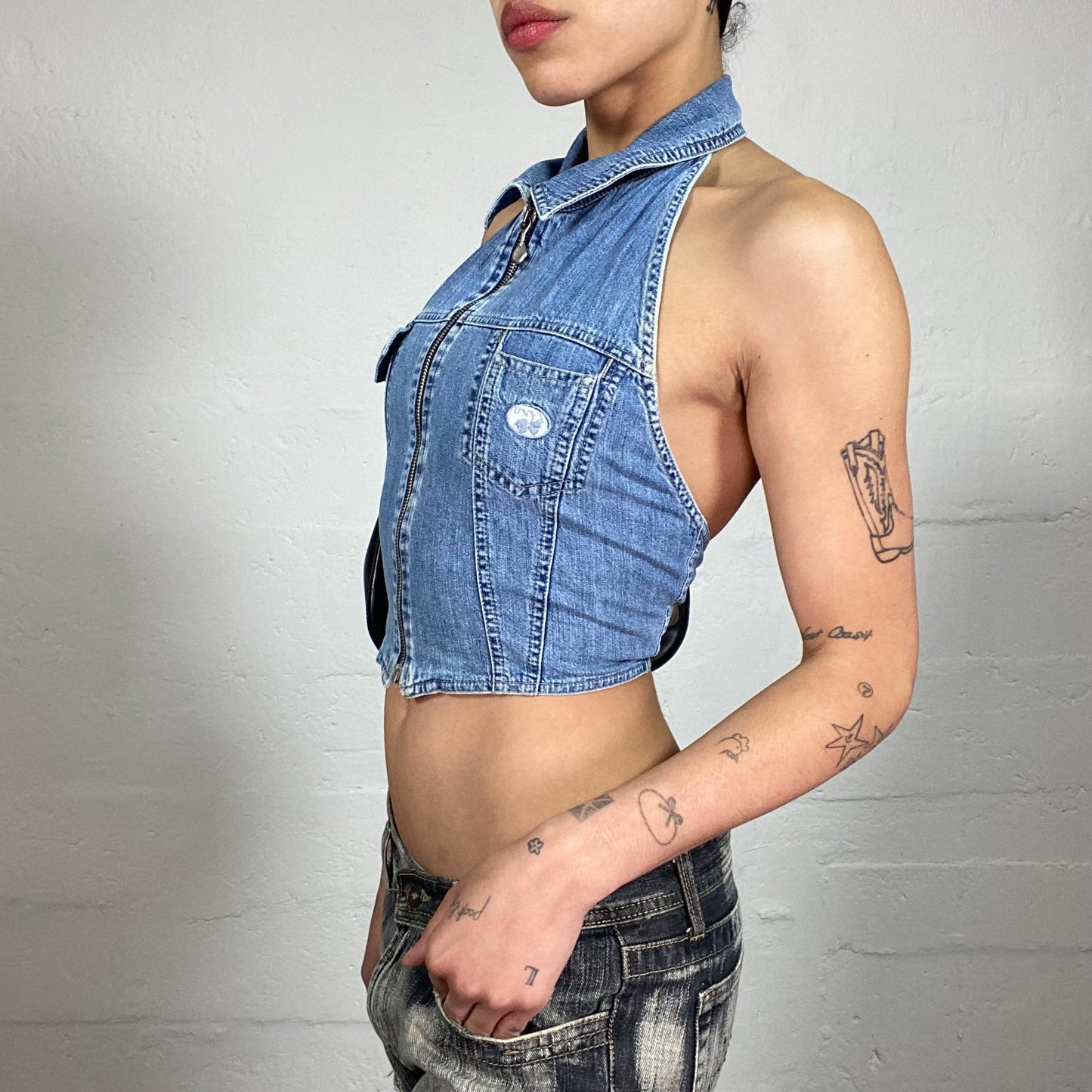 Vintage 2000's Streetdance Denim Zip Up Neckholder Top with Lace Up Back Detail (S)