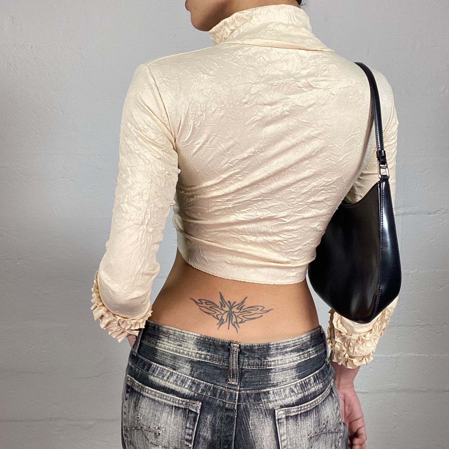 Vintage 2000's Romantic Baroque Cream Textered Silky Cropped Wrapped Top with Multiple Ruffles (S)