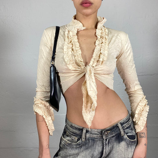 Vintage 2000's Romantic Baroque Cream Textered Silky Cropped Wrapped Top with Multiple Ruffles (S)
