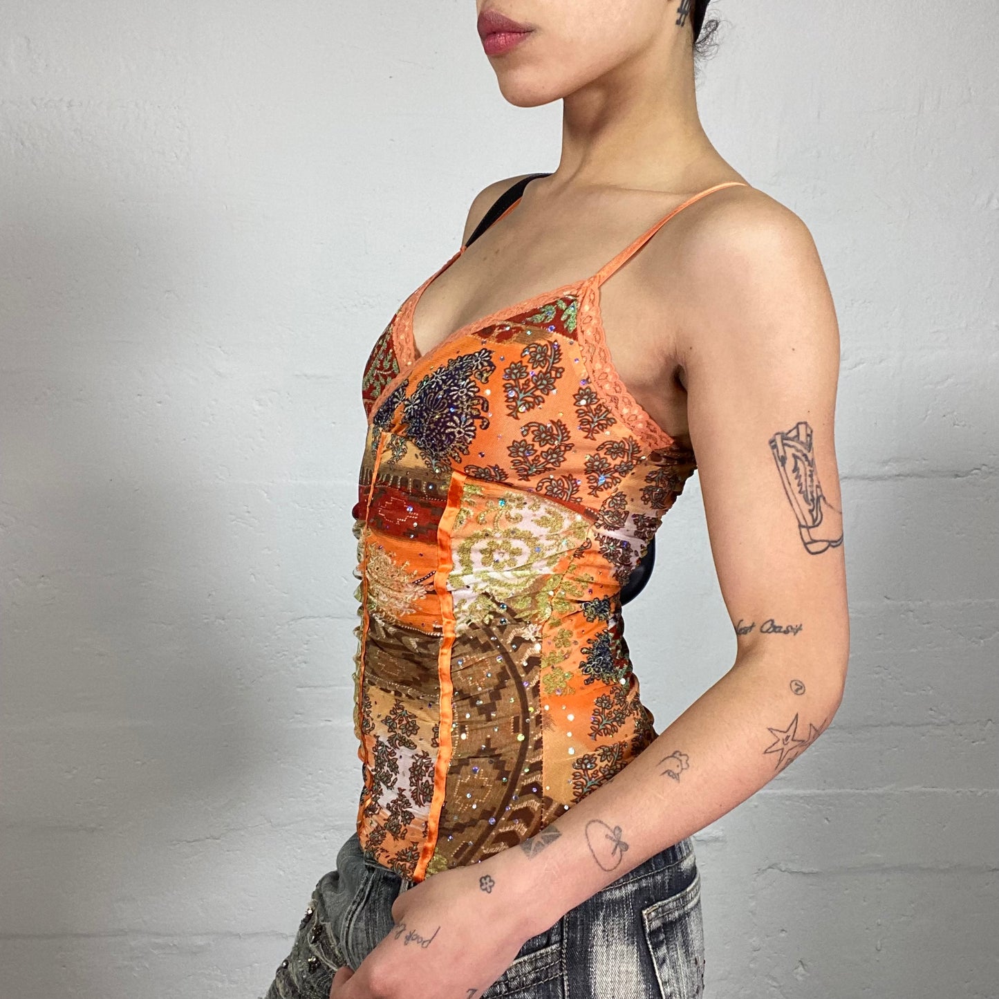 Vintage 2000's Sunny Day Orange Boho Style Printed Cami Top with Lace Trim and Rhinestone Decor (S)