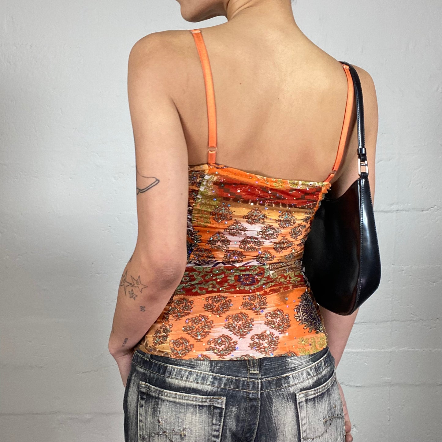 Vintage 2000's Sunny Day Orange Boho Style Printed Cami Top with Lace Trim and Rhinestone Decor (S)