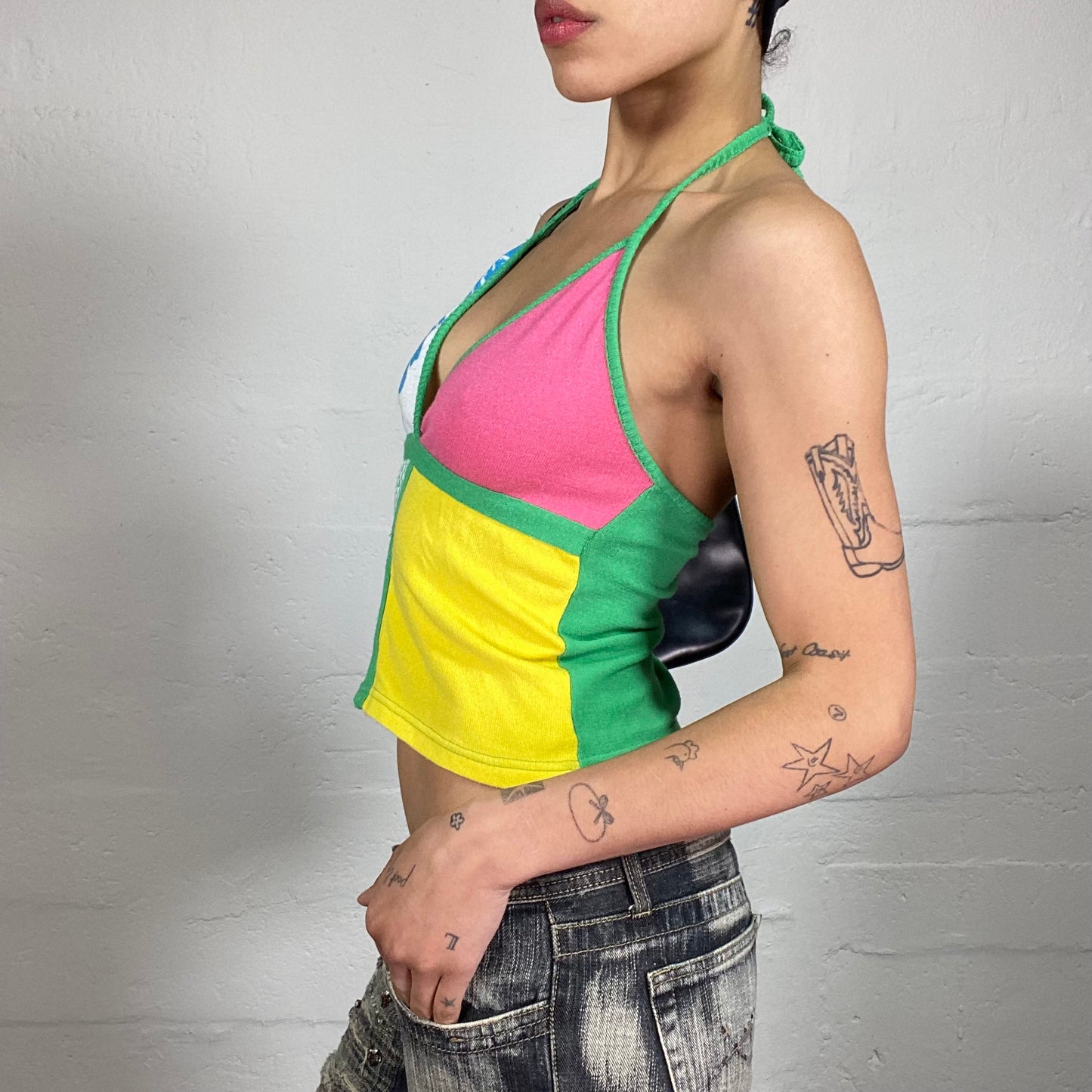 Vintage 2000's Beach Party Multicoloured Neckholder Top with Flower Print Detail (S)