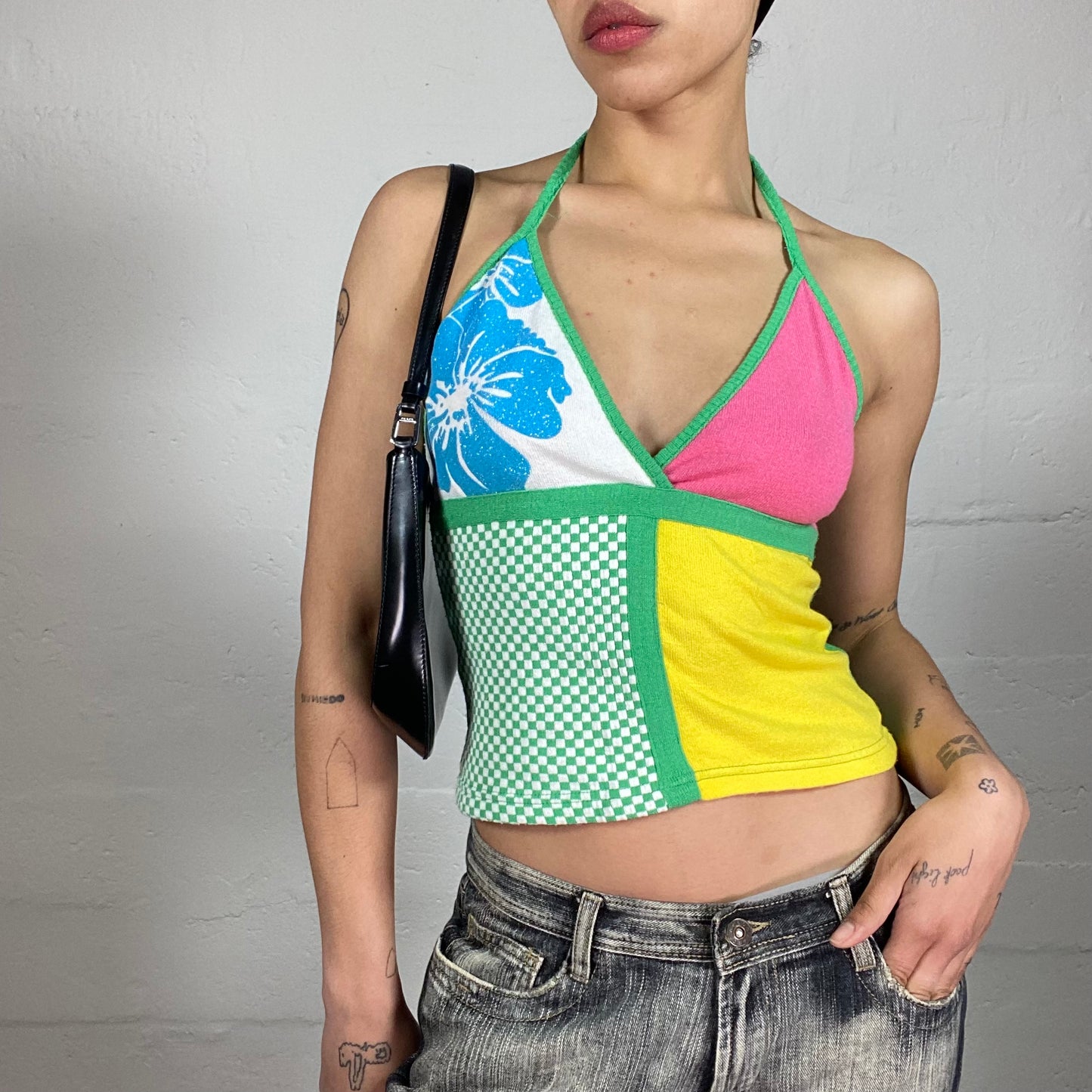Vintage 2000's Beach Party Multicoloured Neckholder Top with Flower Print Detail (S)