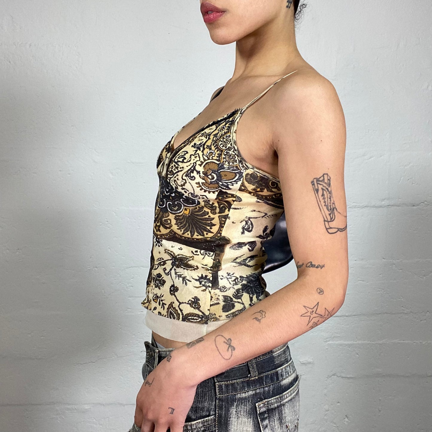 Vintage 2000's Boho Girl Brown Toned Printed Cami Top with White Mesh Bottom Trim and Bra Sequins Embroidery (S)
