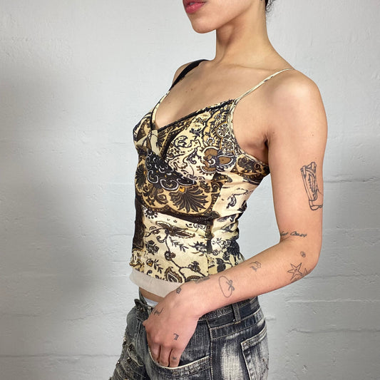 Vintage 2000's Boho Girl Brown Toned Printed Cami Top with White Mesh Bottom Trim and Bra Sequins Embroidery (S)