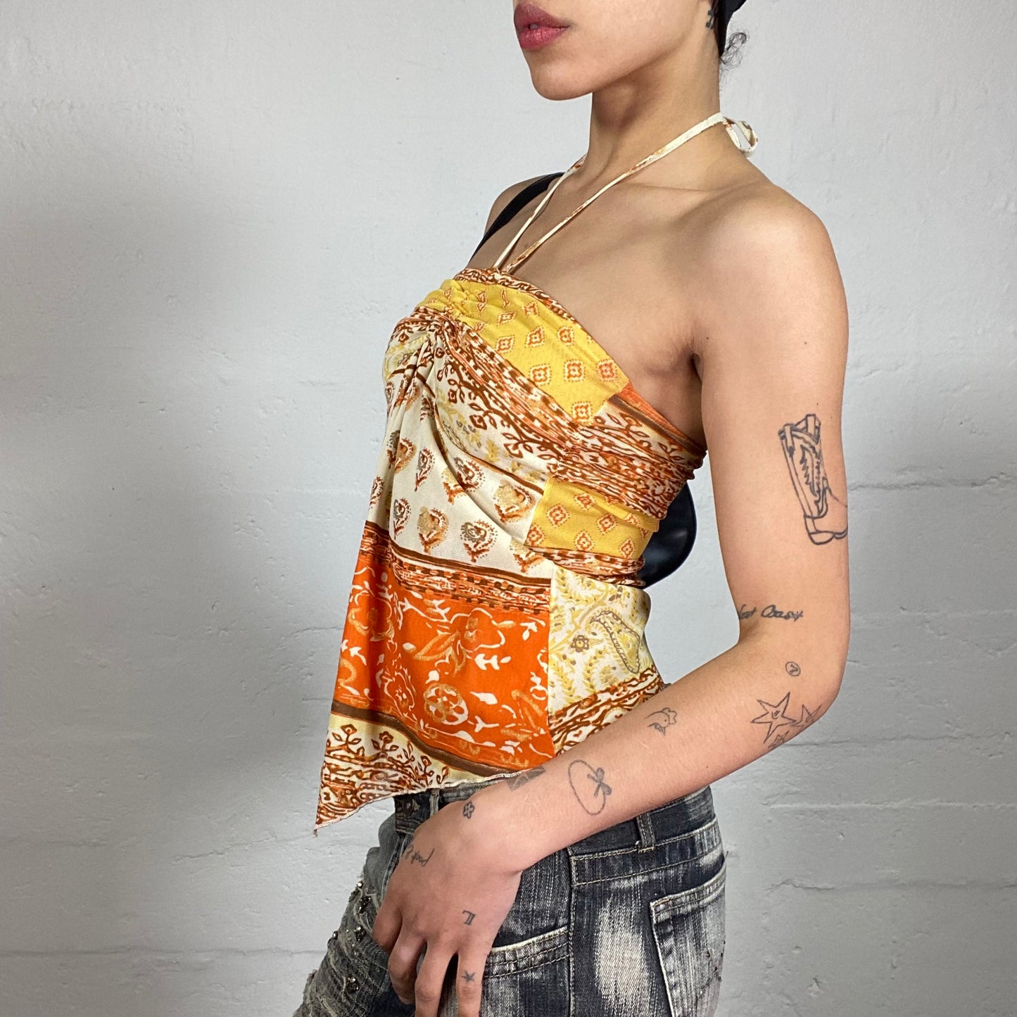 Vintage 2000's Summer Vibe Orange and Yellow Neckholder Asymmetric Top with Boho Style Print (S)