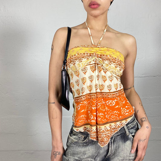 Vintage 2000's Summer Vibe Orange and Yellow Neckholder Asymmetric Top with Boho Style Print (S)