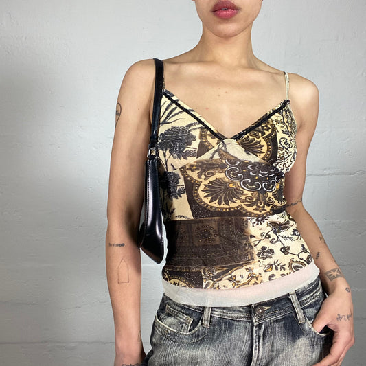 Vintage 2000's Boho Girl Brown Toned Printed Cami Top with White Mesh Bottom Trim and Bra Sequins Embroidery (S)