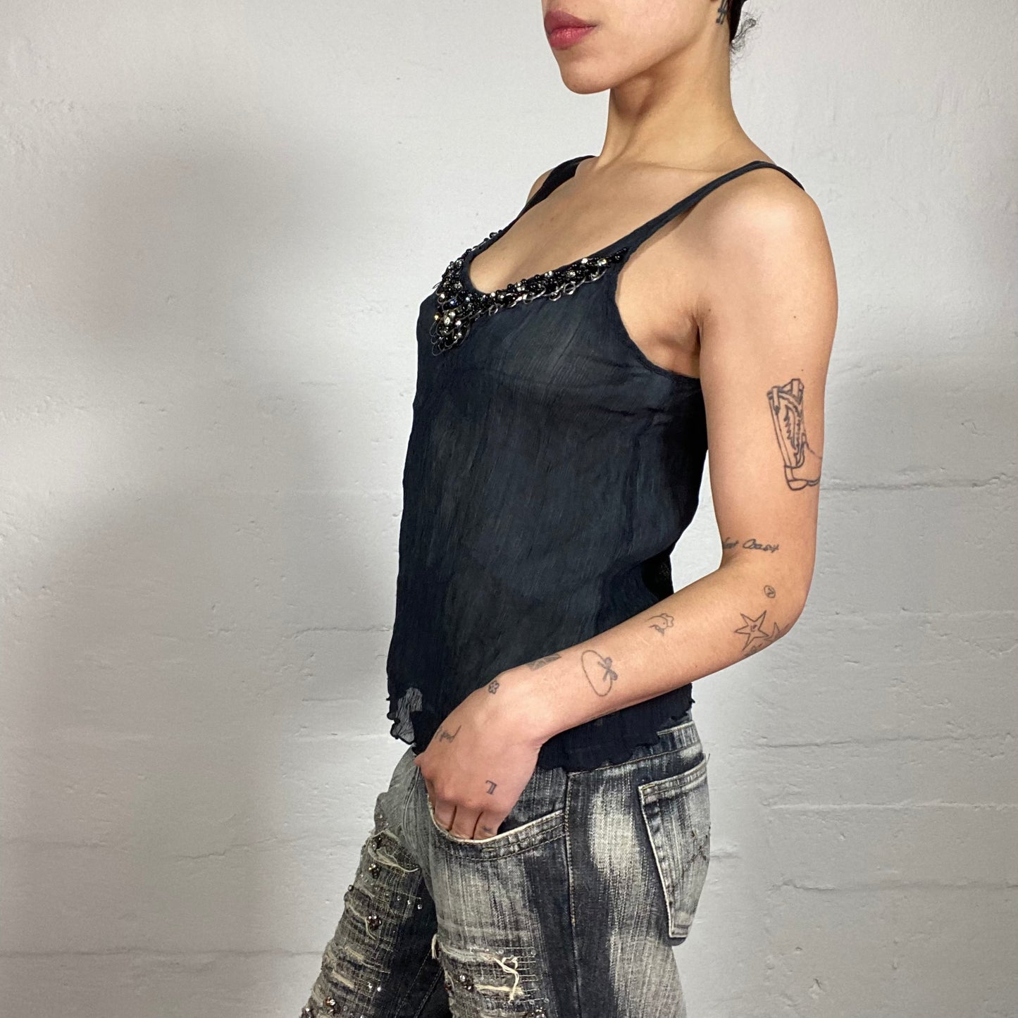 Vintage 2000's Blumarine Glam Date Midnight Black Textured Mesh Tank Top with Black Jewellery Embroidery and Silver Rings (S)