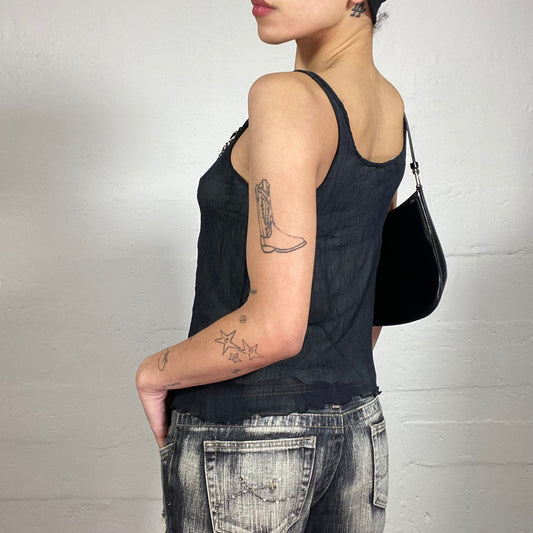 Vintage 2000's Blumarine Glam Date Midnight Black Textured Mesh Tank Top with Black Jewellery Embroidery and Silver Rings (S)
