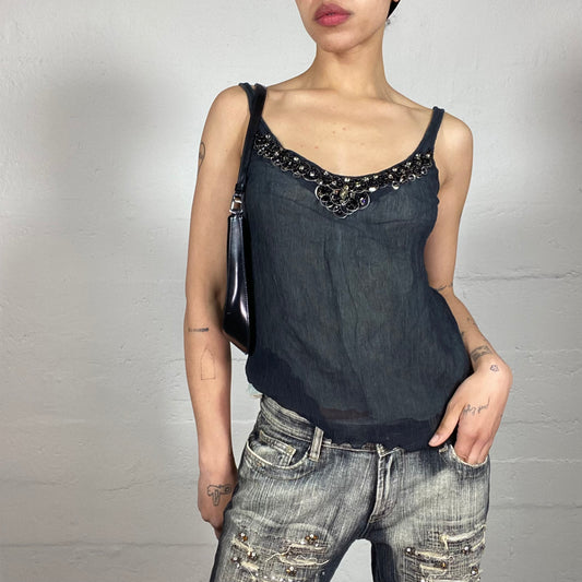 Vintage 2000's Blumarine Glam Date Midnight Black Textured Mesh Tank Top with Black Jewellery Embroidery and Silver Rings (S)