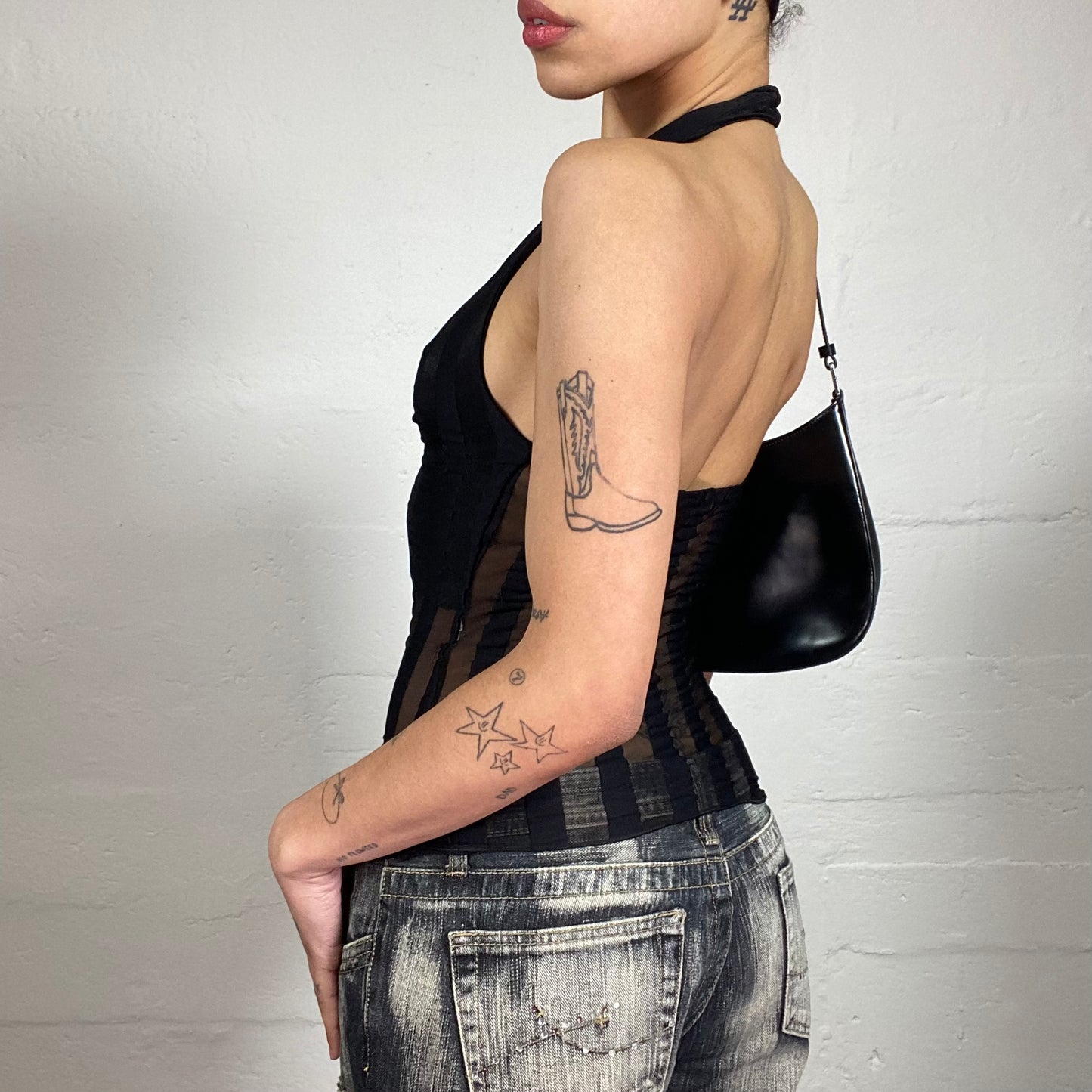 Vintage 2000's Bella Hadid Style Black Half See-Through Striped Neckholder Top with Ribbon Effect Bra (S)