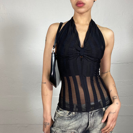 Vintage 2000's Bella Hadid Style Black Half See-Through Striped Neckholder Top with Ribbon Effect Bra (S)