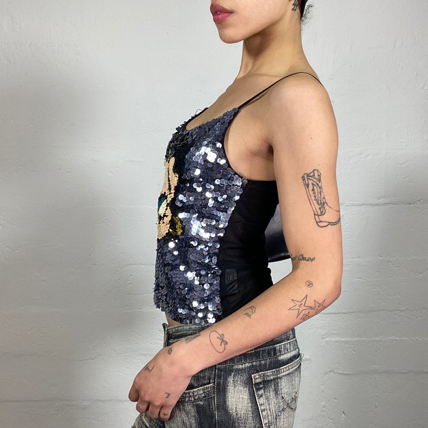Vintage 2000's Betty Boop Clubwear Sequins Covered Cami Top with Mesh Back (S)