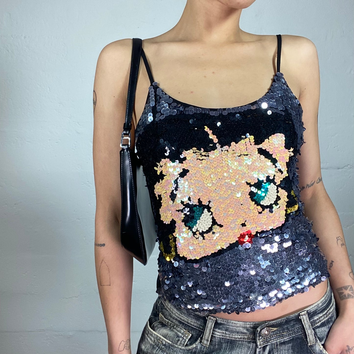 Vintage 2000's Betty Boop Clubwear Sequins Covered Cami Top with Mesh Back (S)
