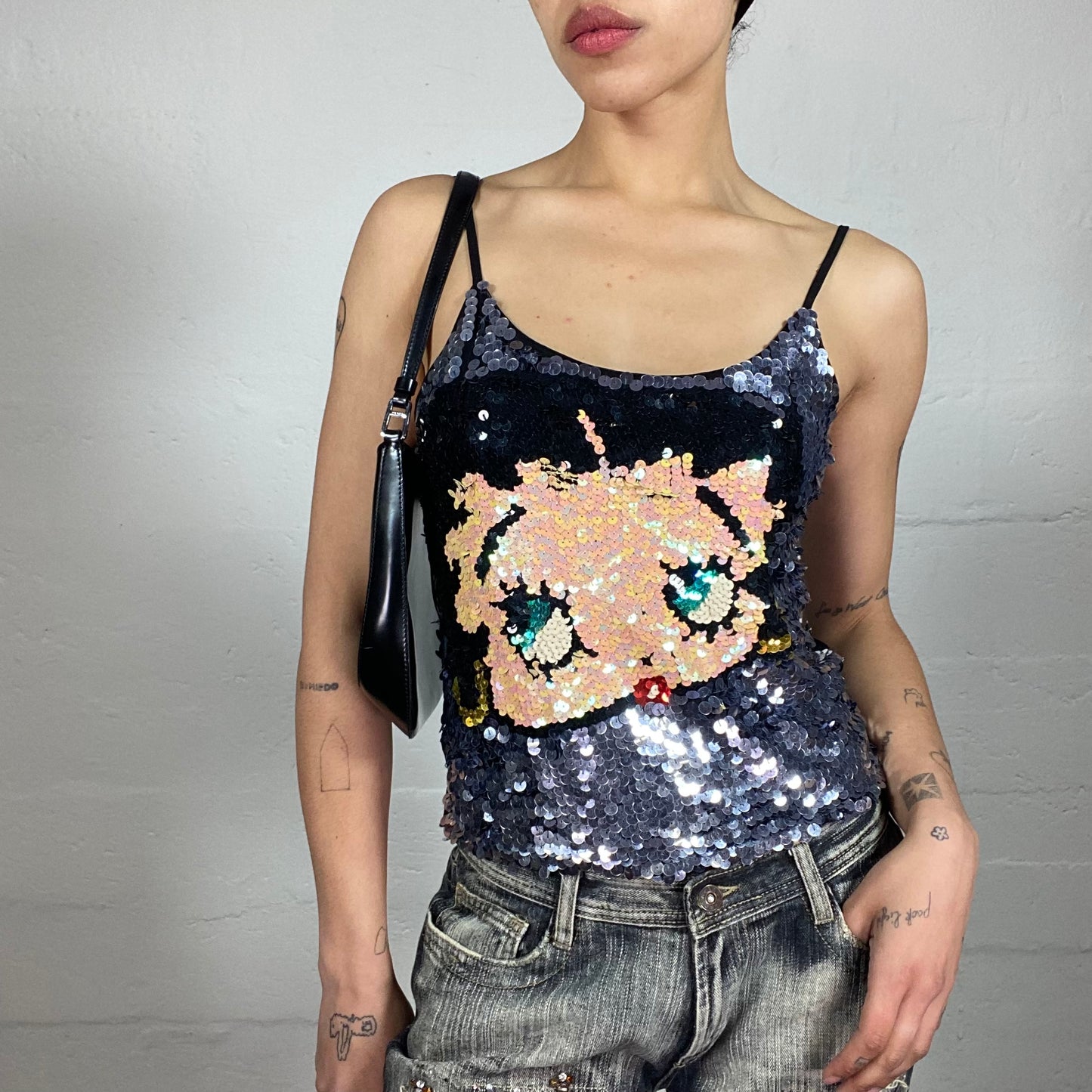 Vintage 2000's Betty Boop Clubwear Sequins Covered Cami Top with Mesh Back (S)