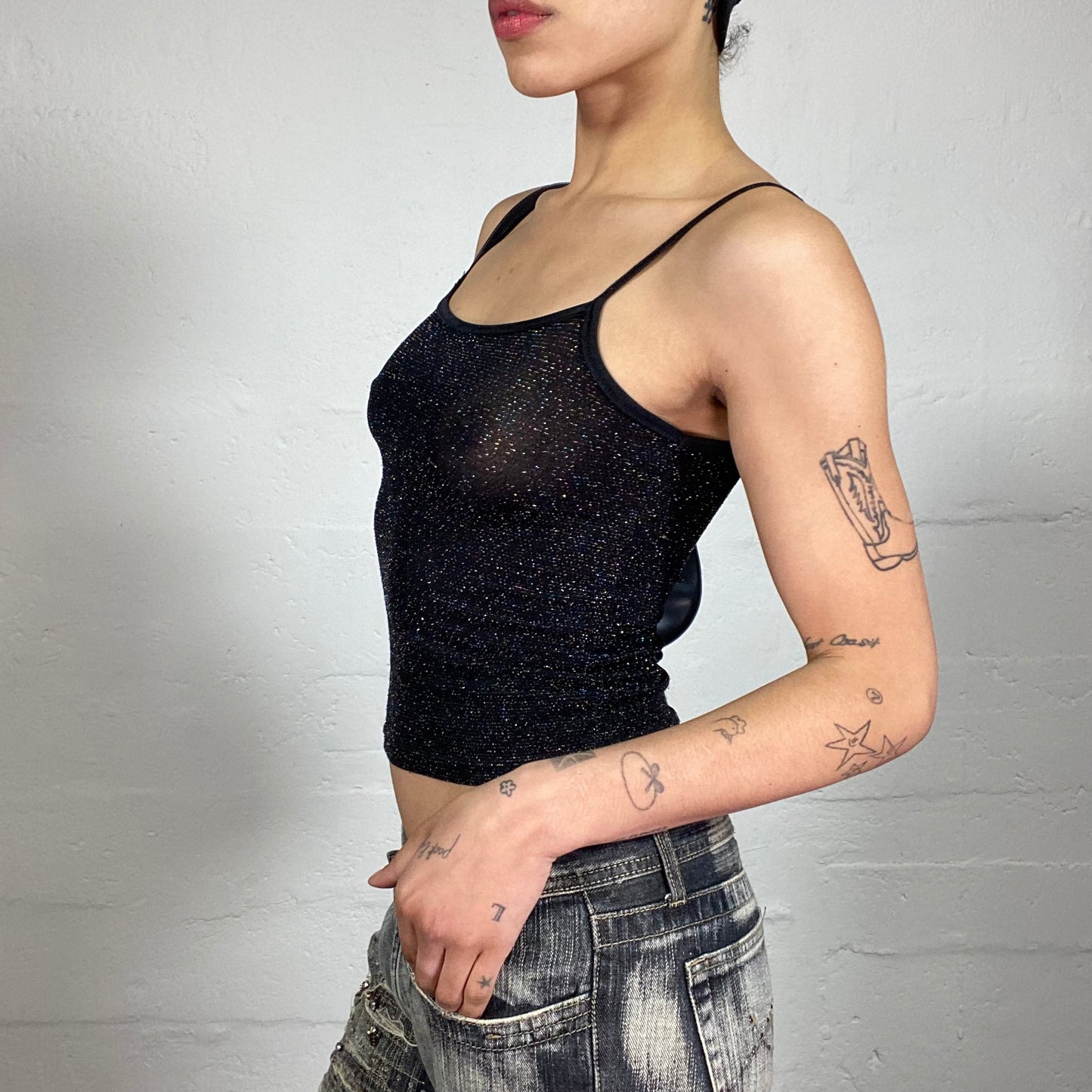 Vintage 2000's Summer Night Out Black Slim Fit Shiny Cami Top (S)
