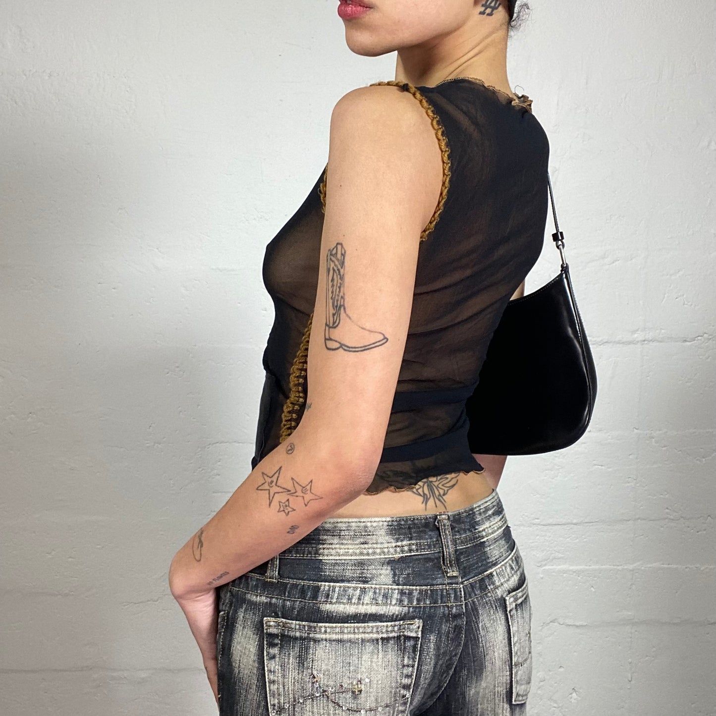Vintage 2000's Grunge Biker Girl Black Mesh See-Through Tank Top with Leather Patches and Yellow Crochet Decorative Seems (S)