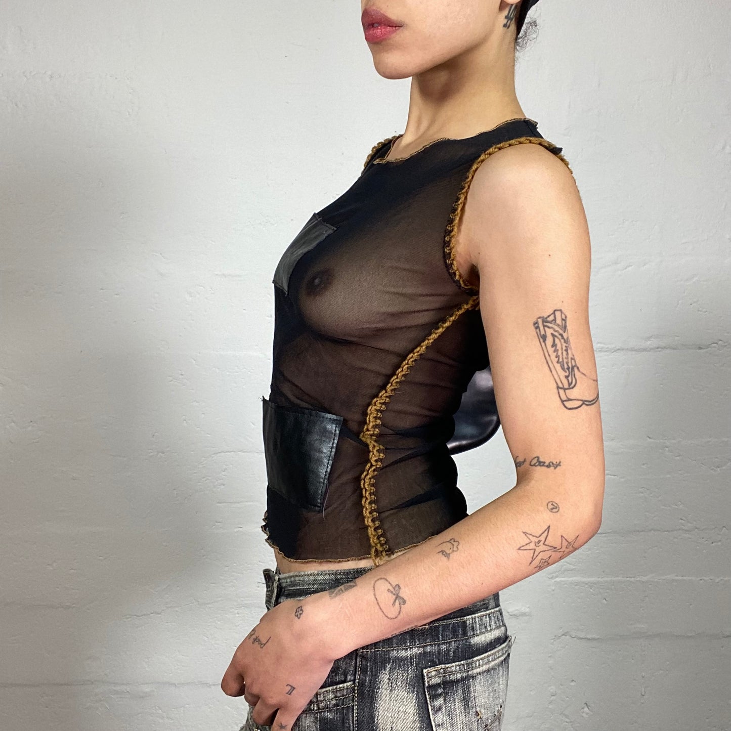 Vintage 2000's Grunge Biker Girl Black Mesh See-Through Tank Top with Leather Patches and Yellow Crochet Decorative Seems (S)