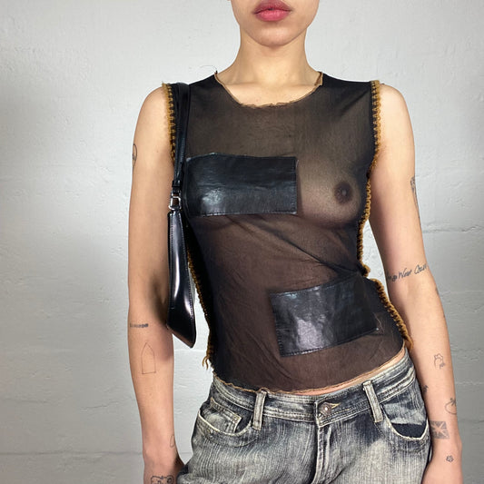 Vintage 2000's Grunge Biker Girl Black Mesh See-Through Tank Top with Leather Patches and Yellow Crochet Decorative Seems (S)