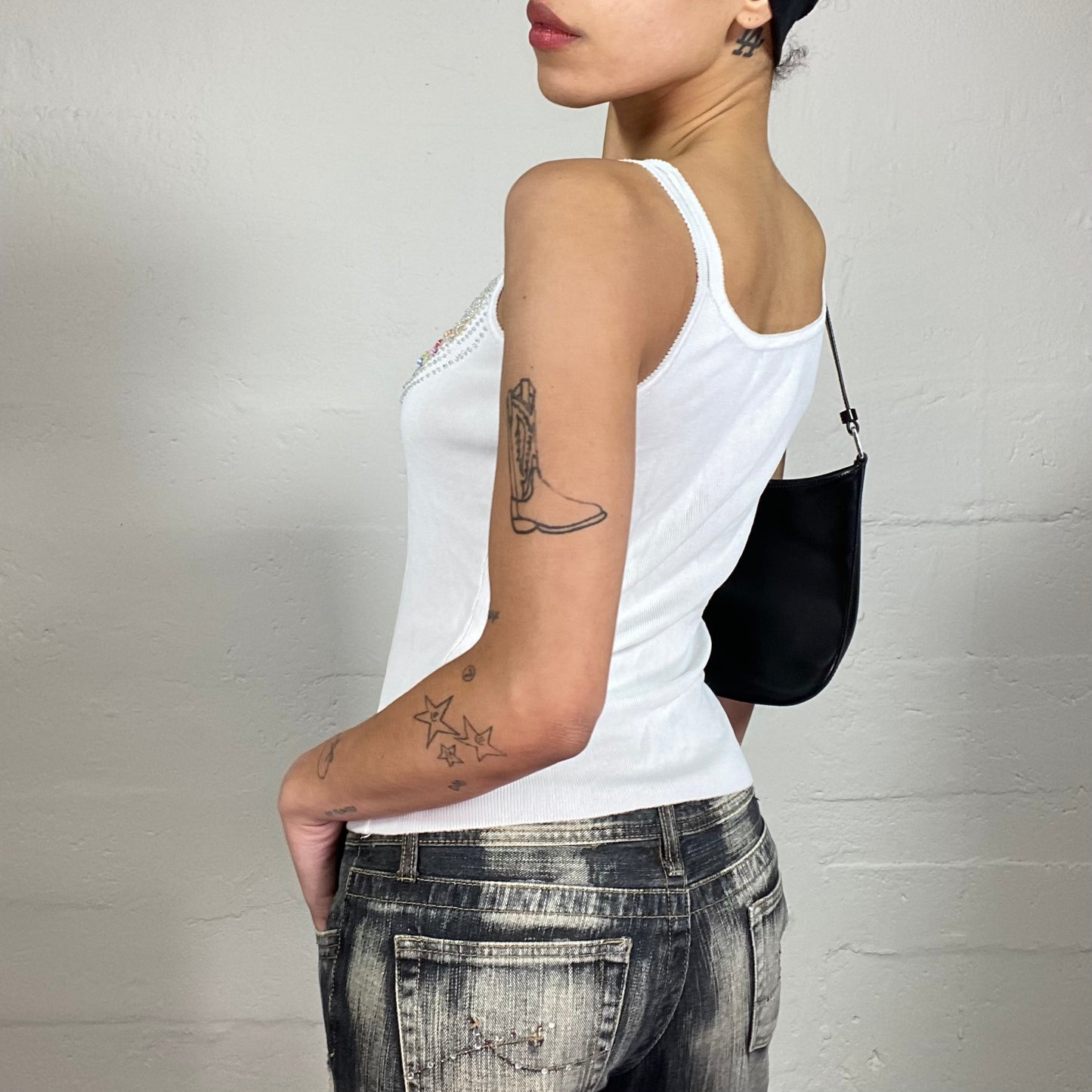 Vintage 2000's Downtown Girl White Jersey Tank Top with Fun Detailed Embroidery (XL/XXL)