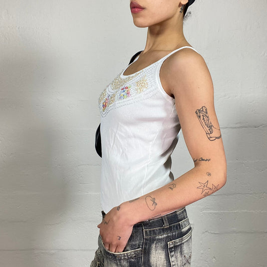 Vintage 2000's Downtown Girl White Jersey Tank Top with Fun Detailed Embroidery (XL/XXL)