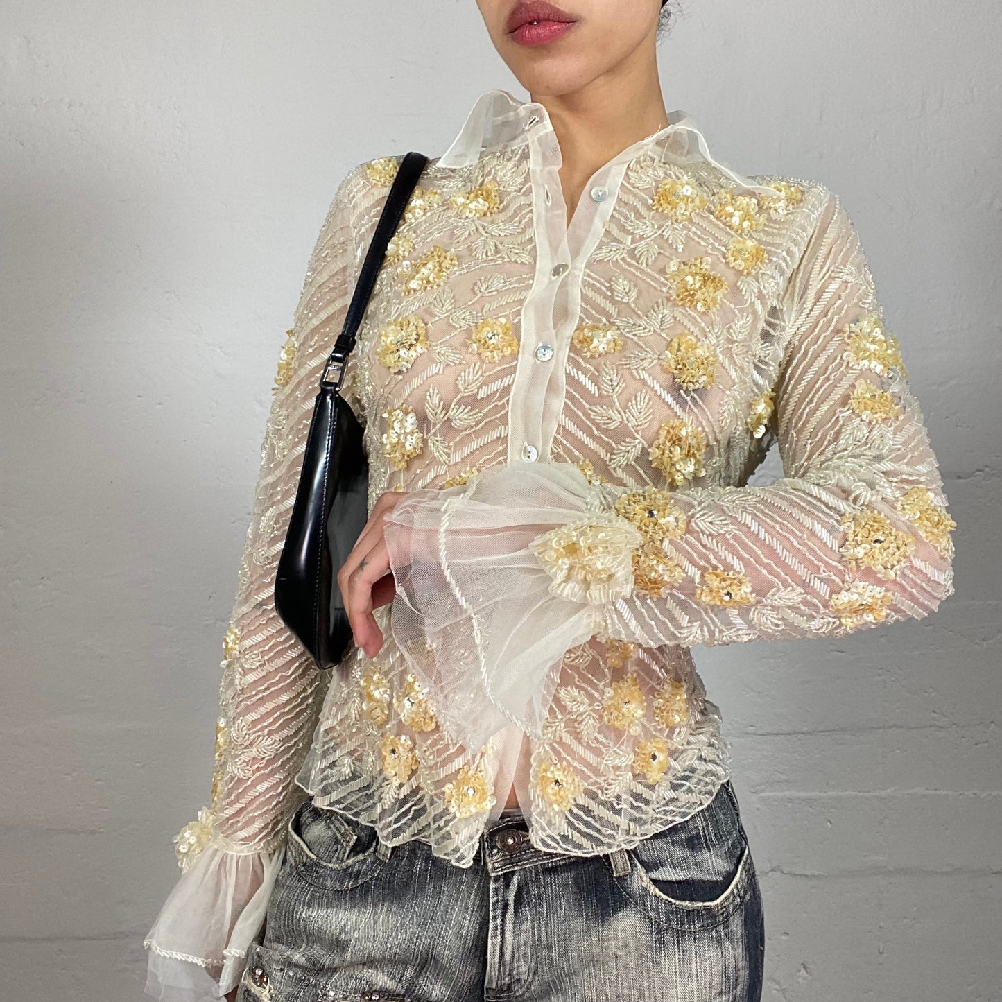 Vintage 2000's Romantic White Mesh Longsleeve Button Up Shirt with Multiple Yellow and White Embroidery (M)