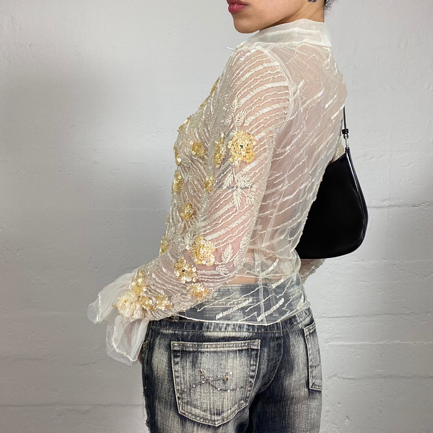 Vintage 2000's Romantic White Mesh Longsleeve Button Up Shirt with Multiple Yellow and White Embroidery (M)