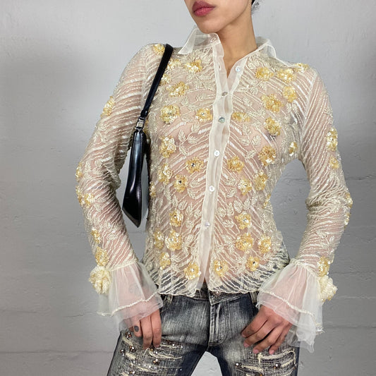 Vintage 2000's Romantic White Mesh Longsleeve Button Up Shirt with Multiple Yellow and White Embroidery (M)