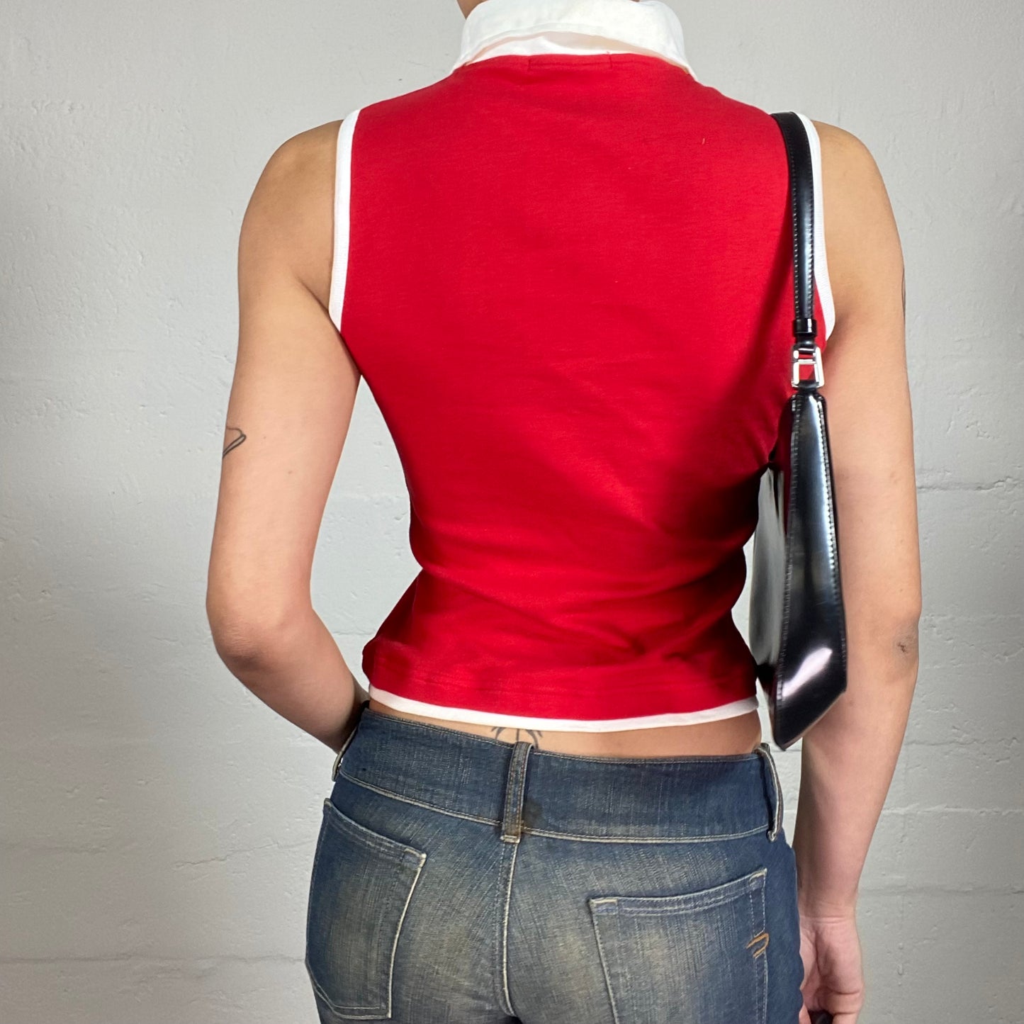 Vintage 2000's Golf Sunday Sporty Red Polo Tank Top with Contrast White Details and Rhinestone Sport Embroidery (L)