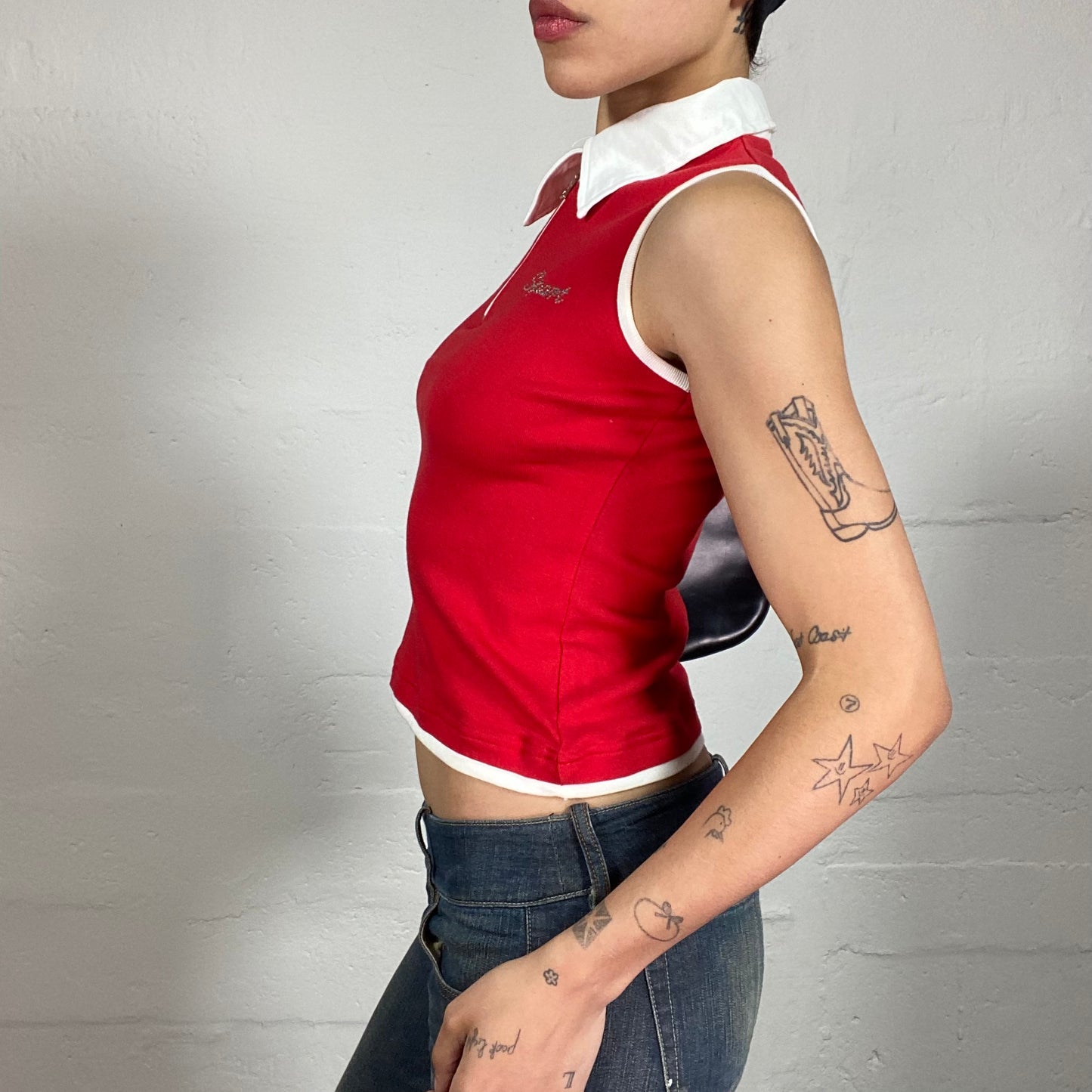 Vintage 2000's Golf Sunday Sporty Red Polo Tank Top with Contrast White Details and Rhinestone Sport Embroidery (L)