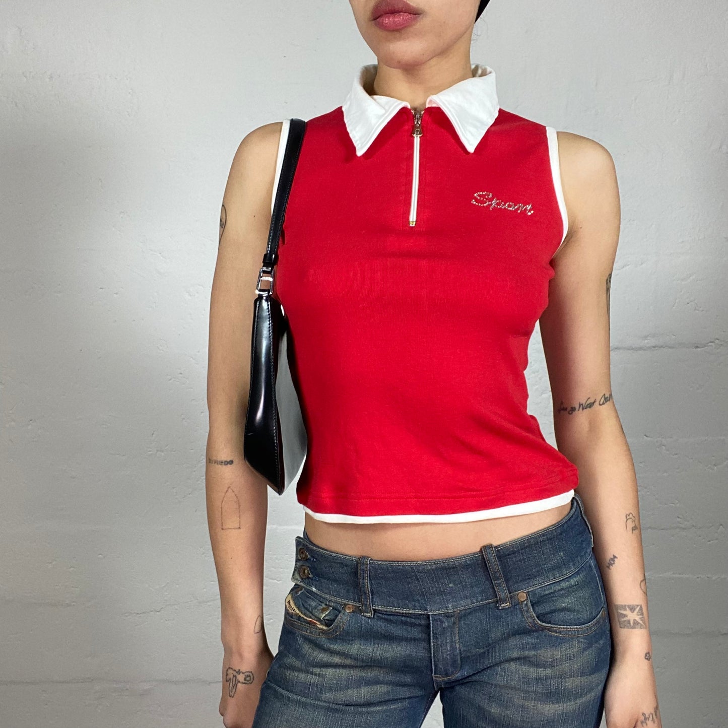 Vintage 2000's Golf Sunday Sporty Red Polo Tank Top with Contrast White Details and Rhinestone Sport Embroidery (L)