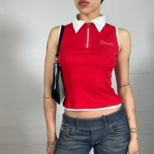 Vintage 2000's Golf Sunday Sporty Red Polo Tank Top with Contrast White Details and Rhinestone Sport Embroidery (L)