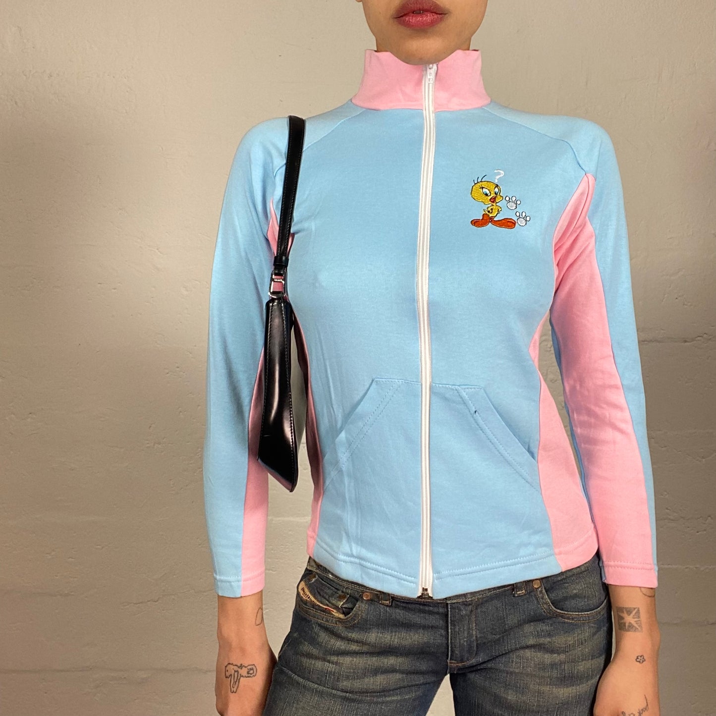Vintage 2000's Candy Style Baby Blue and Pink Zip Up Pullover with Cartoon Embroidery Print (S)