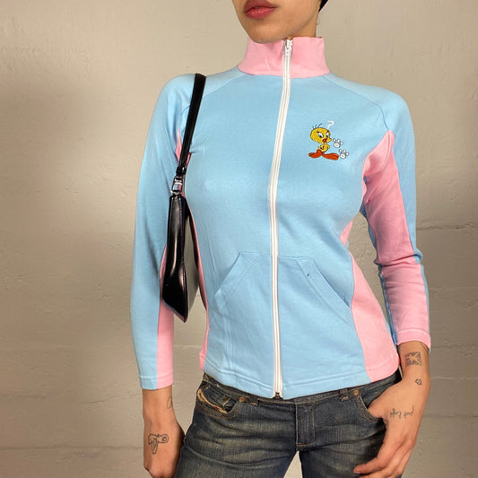 Vintage 2000's Candy Style Baby Blue and Pink Zip Up Pullover with Cartoon Embroidery Print (S)