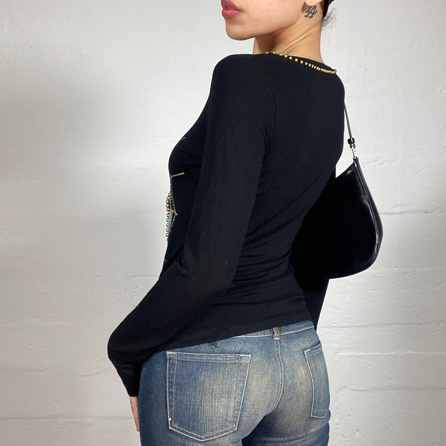 Vintage 2000's Grunge Girl Black Longsleeve Top with Spider Rhinestone Embroidered Print and Shiny Silver Web (M)