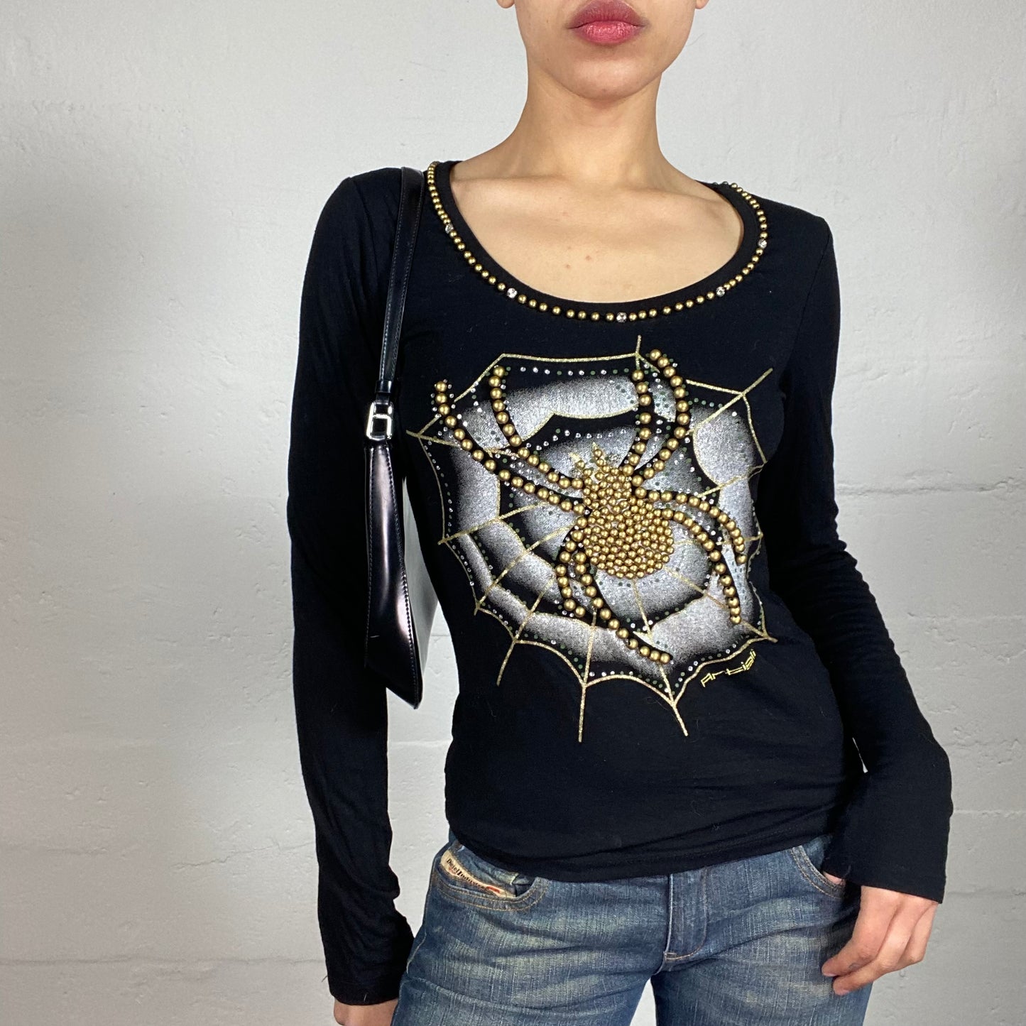Vintage 2000's Grunge Girl Black Longsleeve Top with Spider Rhinestone Embroidered Print and Shiny Silver Web (M)