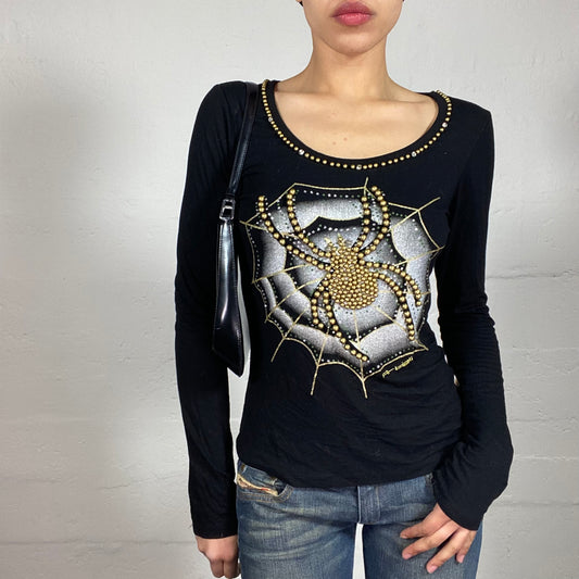 Vintage 2000's Grunge Girl Black Longsleeve Top with Spider Rhinestone Embroidered Print and Shiny Silver Web (M)