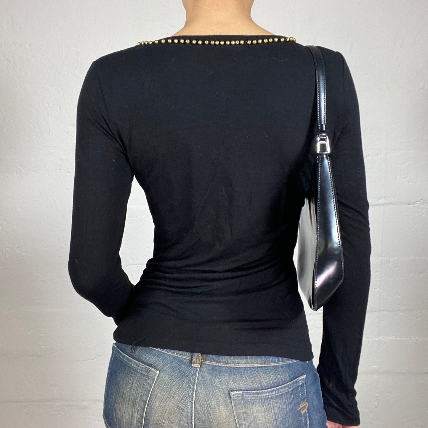 Vintage 2000's Grunge Girl Black Longsleeve Top with Spider Rhinestone Embroidered Print and Shiny Silver Web (M)