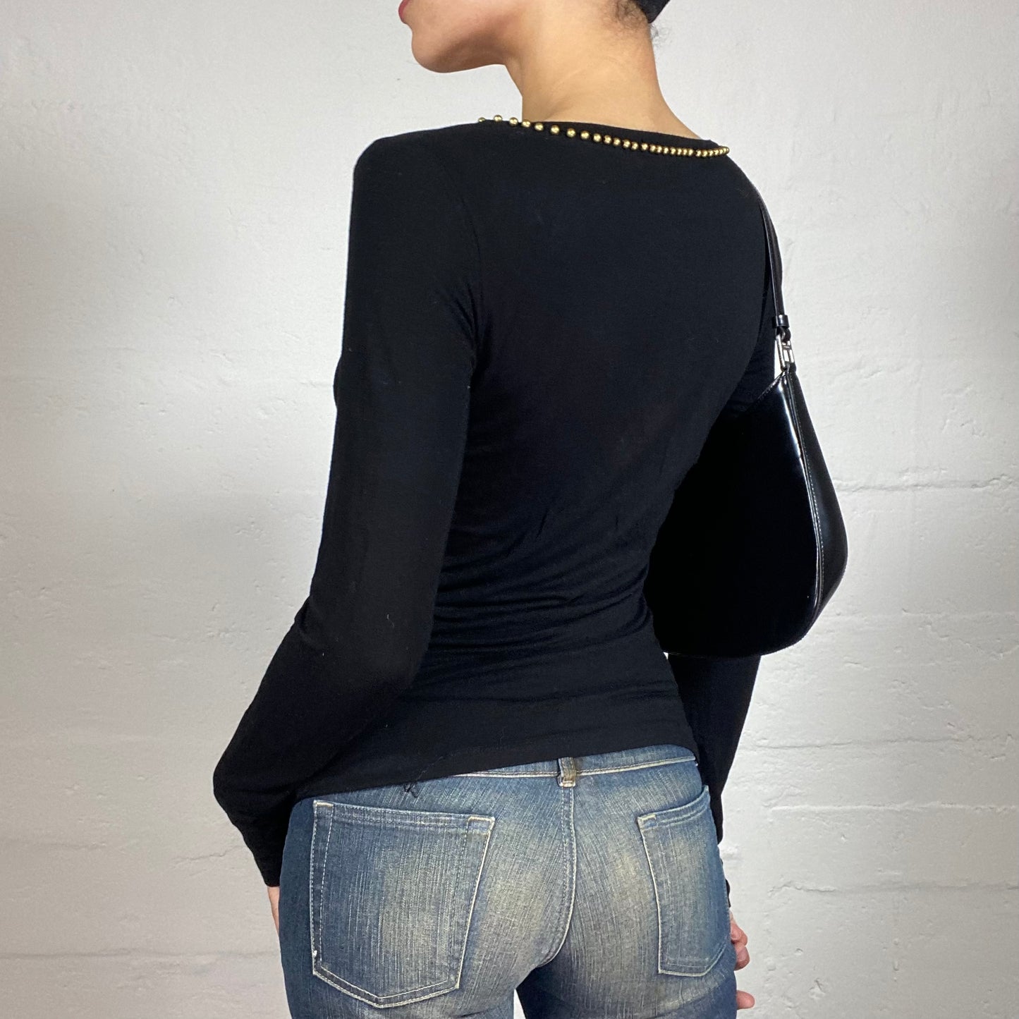 Vintage 2000's Grunge Girl Black Longsleeve Top with Spider Rhinestone Embroidered Print and Shiny Silver Web (M)