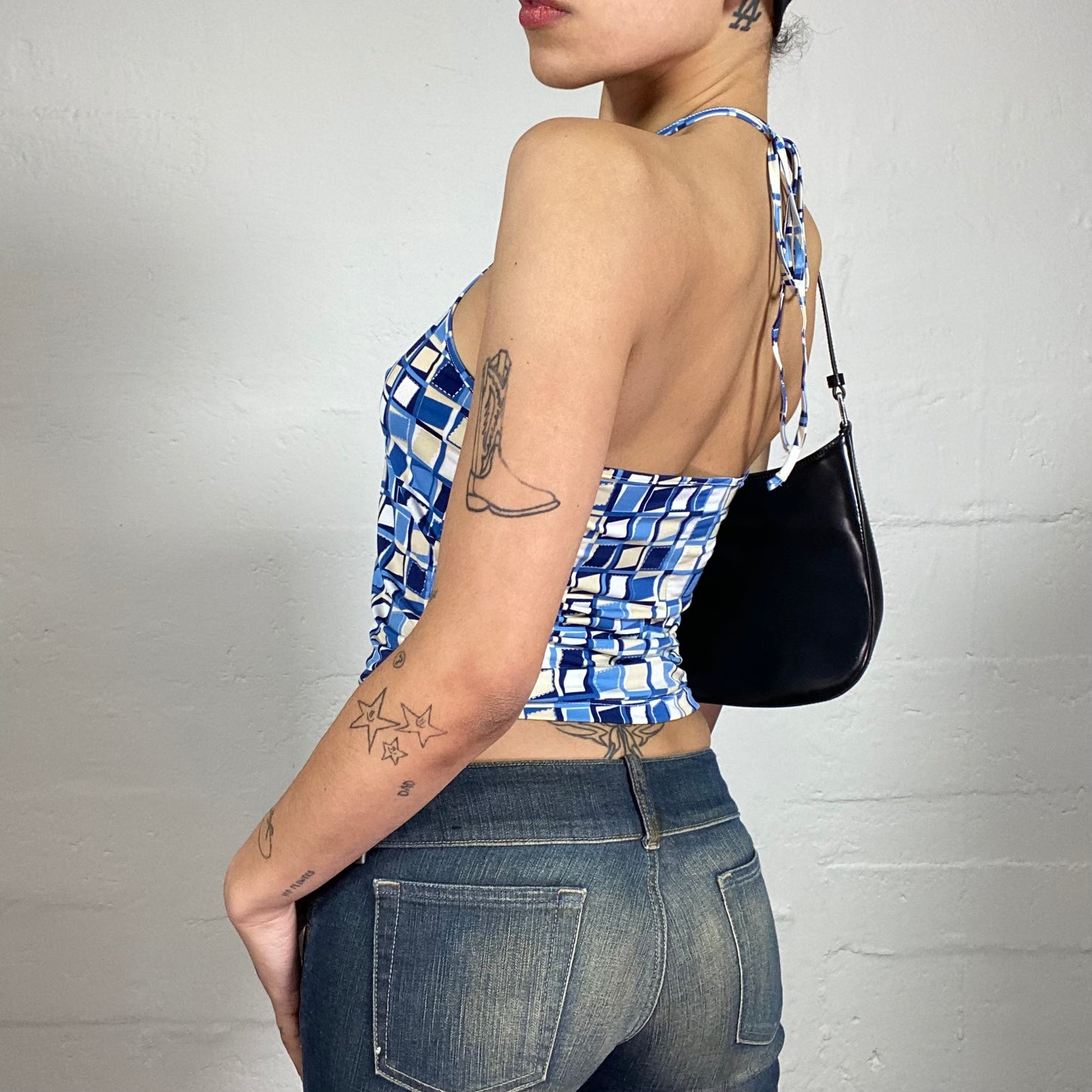 Vintage 2000's Beach Party Blue Cami Top with Geometric Square Print (S)