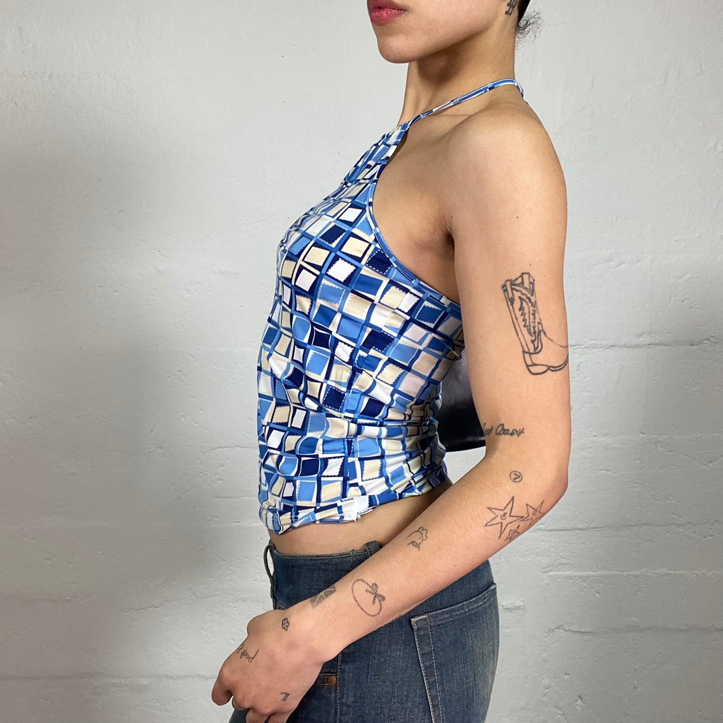 Vintage 2000's Beach Party Blue Cami Top with Geometric Square Print (S)