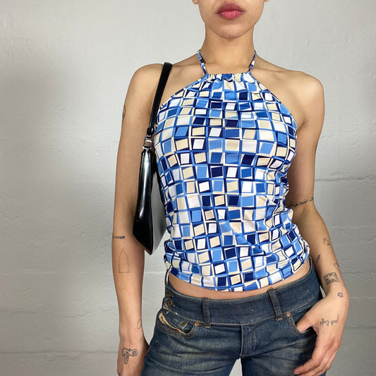 Vintage 2000's Beach Party Blue Cami Top with Geometric Square Print (S)