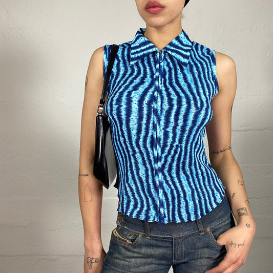 Vintage 2000's Downtown Girl Aquamarine Blue Curly Stripe Printed Zip Up Cami Top with a Collar (S)