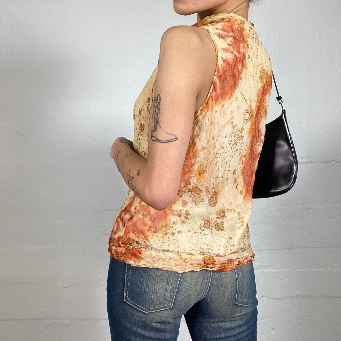 Vintage 2000's Soft Summer Girl Silk Textured Orange and Beige Printed Top (XL)