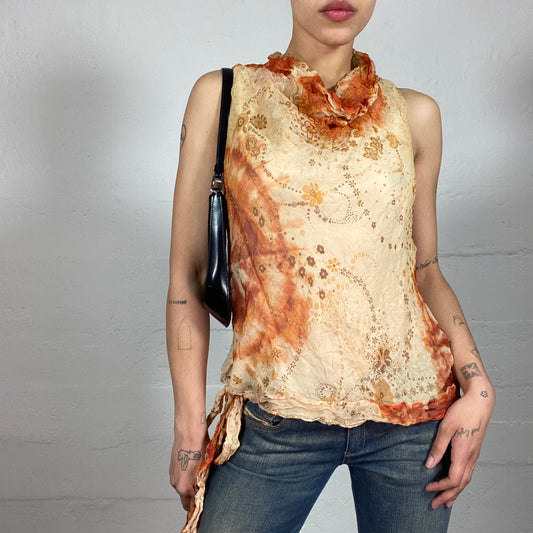 Vintage 2000's Soft Summer Girl Silk Textured Orange and Beige Printed Top (XL)