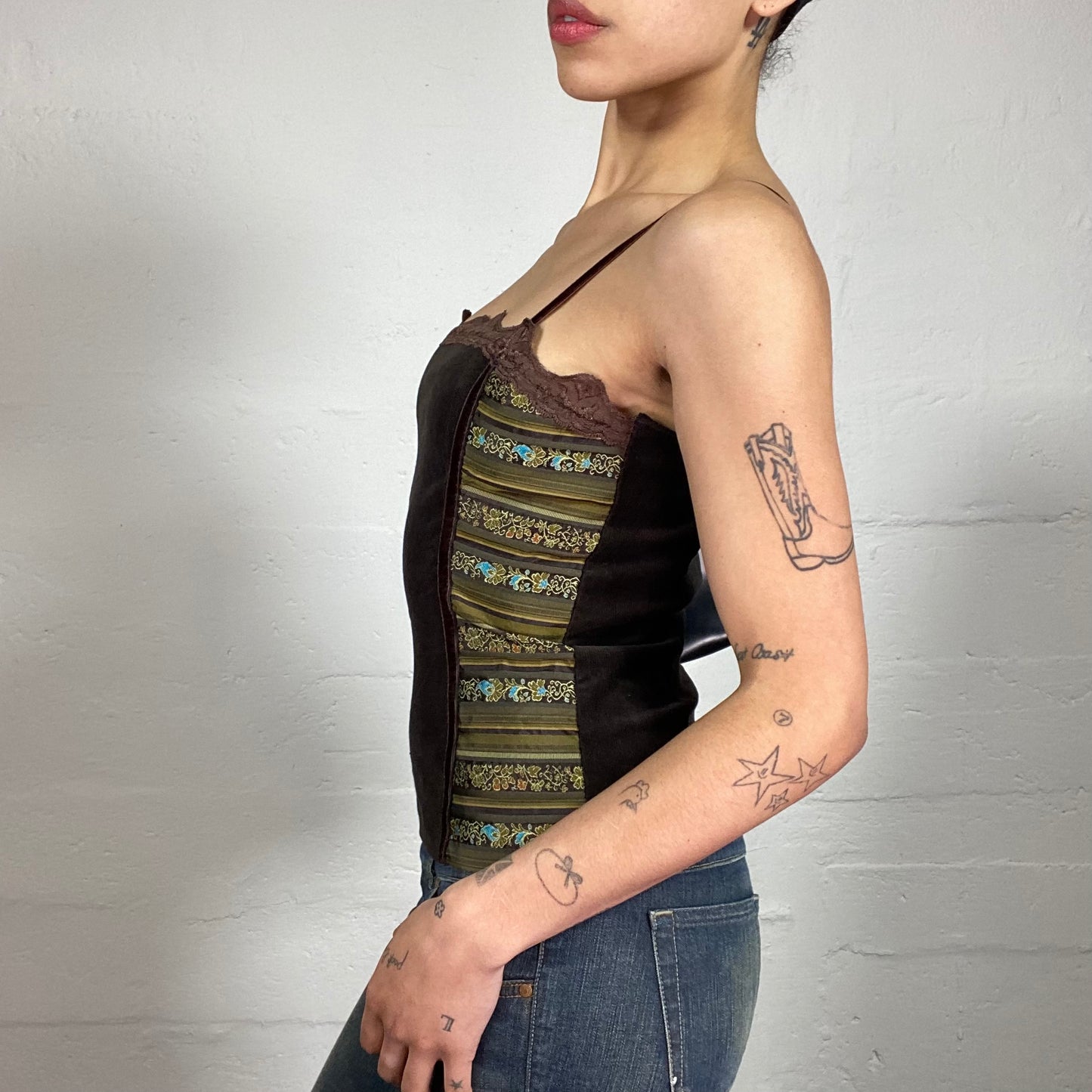 Vintage 2000's Spring Park Date Velvet Brown and Printed Green Embroidery Top with Lace Trim (S)